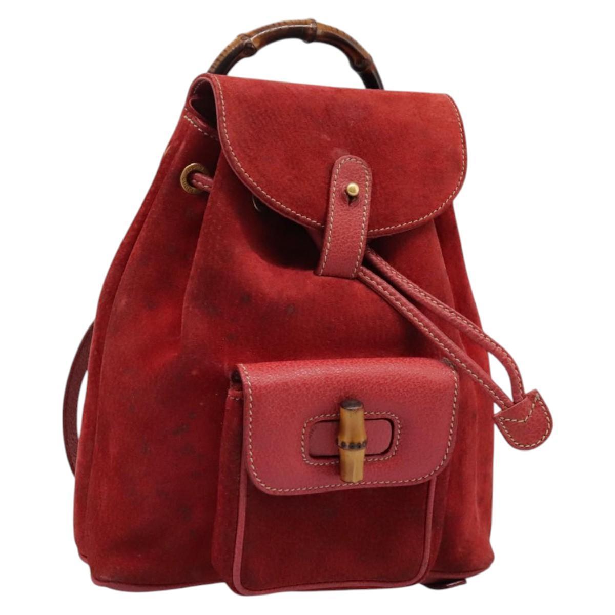 Gucci Bamboo Backpack Suede Leather Red Gold 003 1705 0030 Auth Bd1040